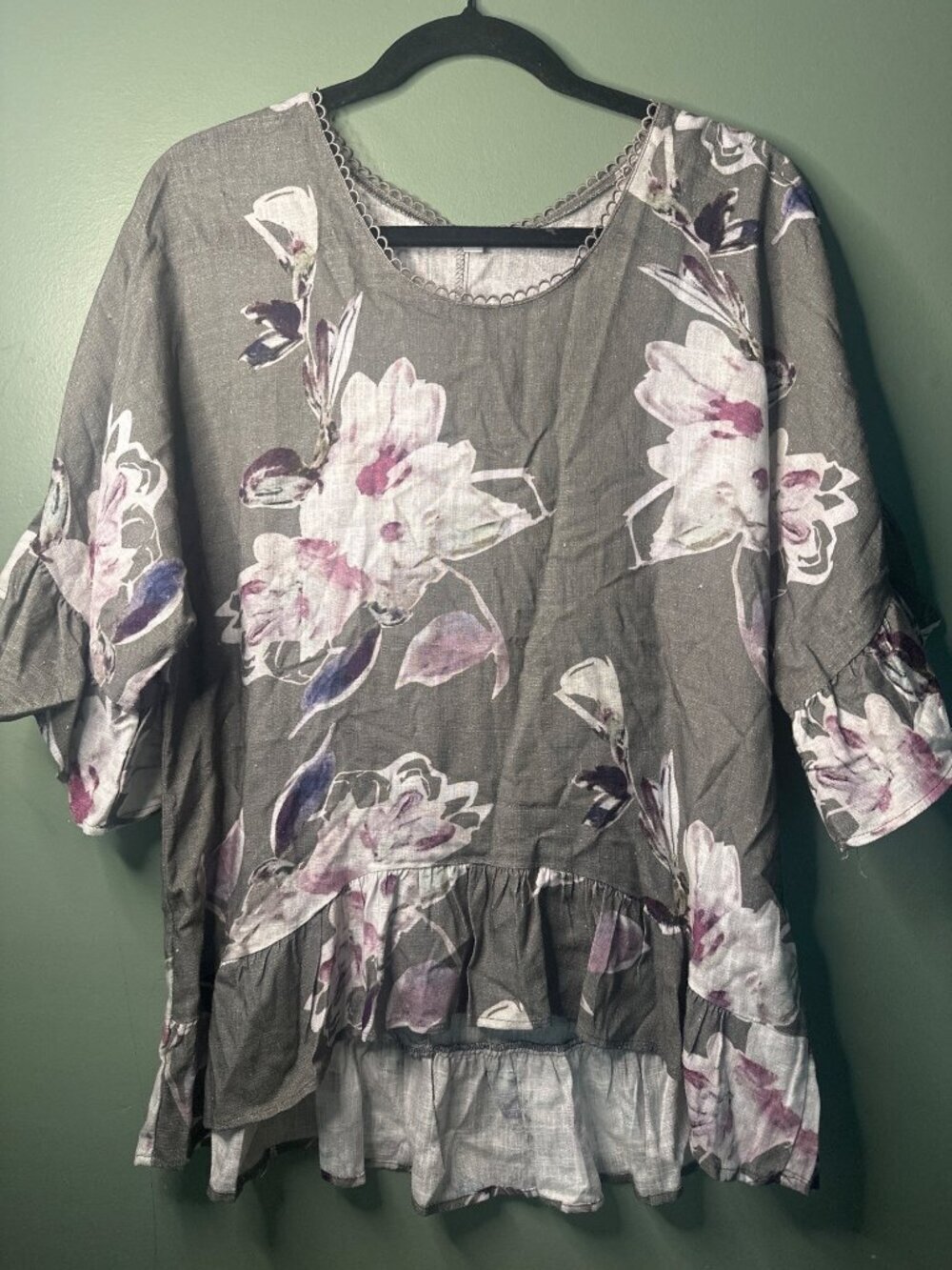 Floral Linen Blend Ruffle Hem High Low Tunic Top Gray Boho Blouse M cottagecore